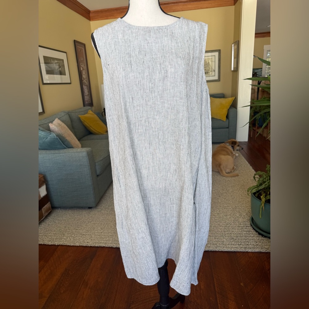 Eileen Fisher shift black flecked linen dress with side pockets size large
